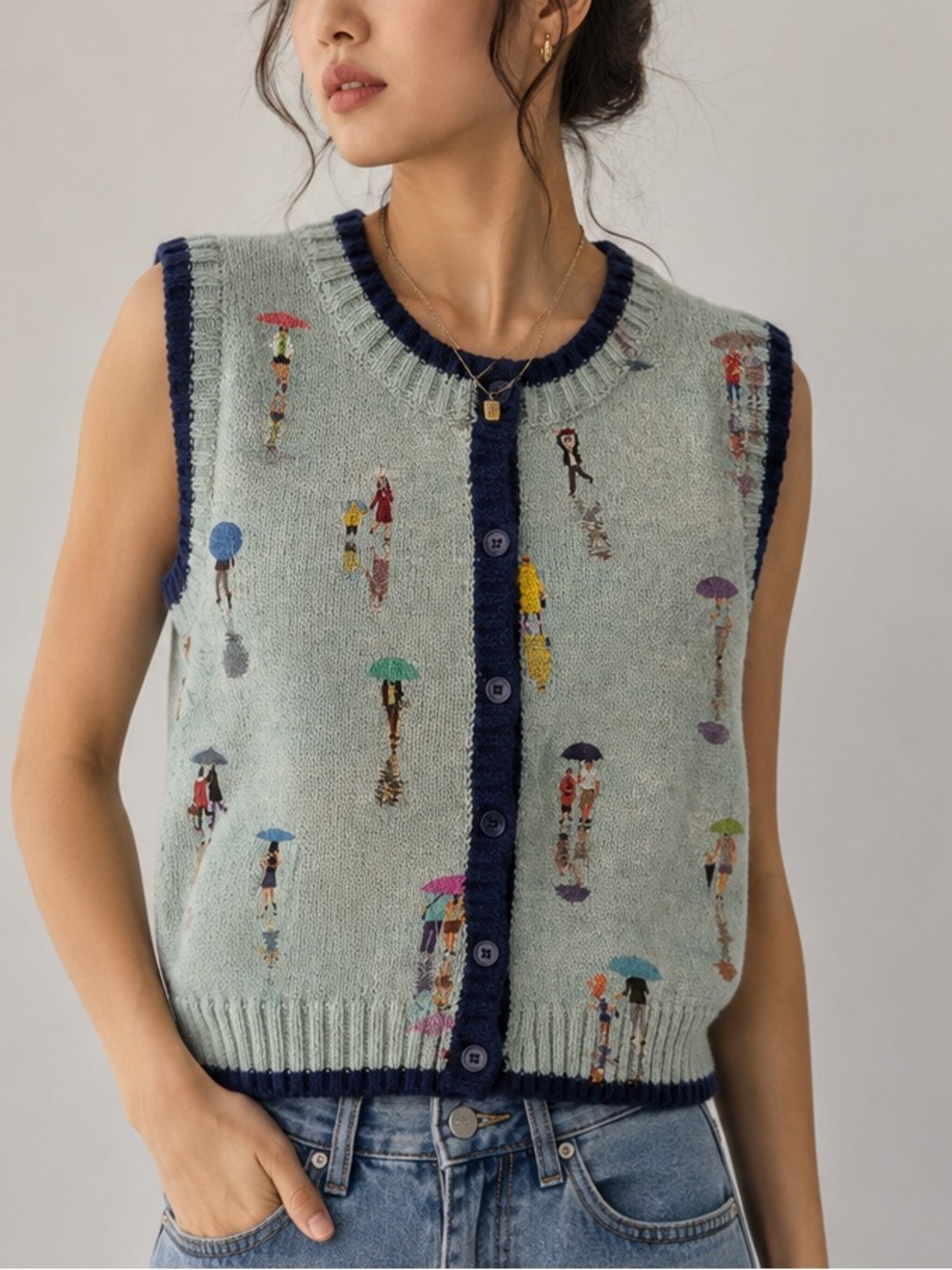 Light Blue Knit Button Front Vest with Umbrella Motif